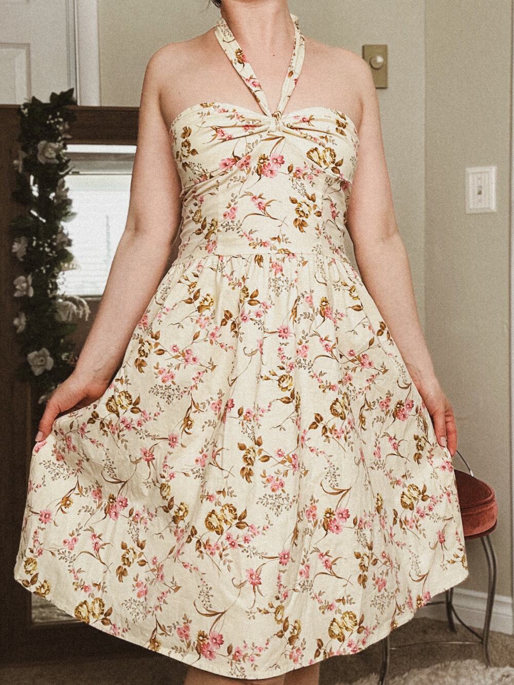Vintage 80s Windsor 100% Cotton Rose Floral Halter Mini Dress Sz 8 Pink Cream